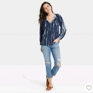 Knox Rose Medium Blue and White Tie Dyed Boho Top